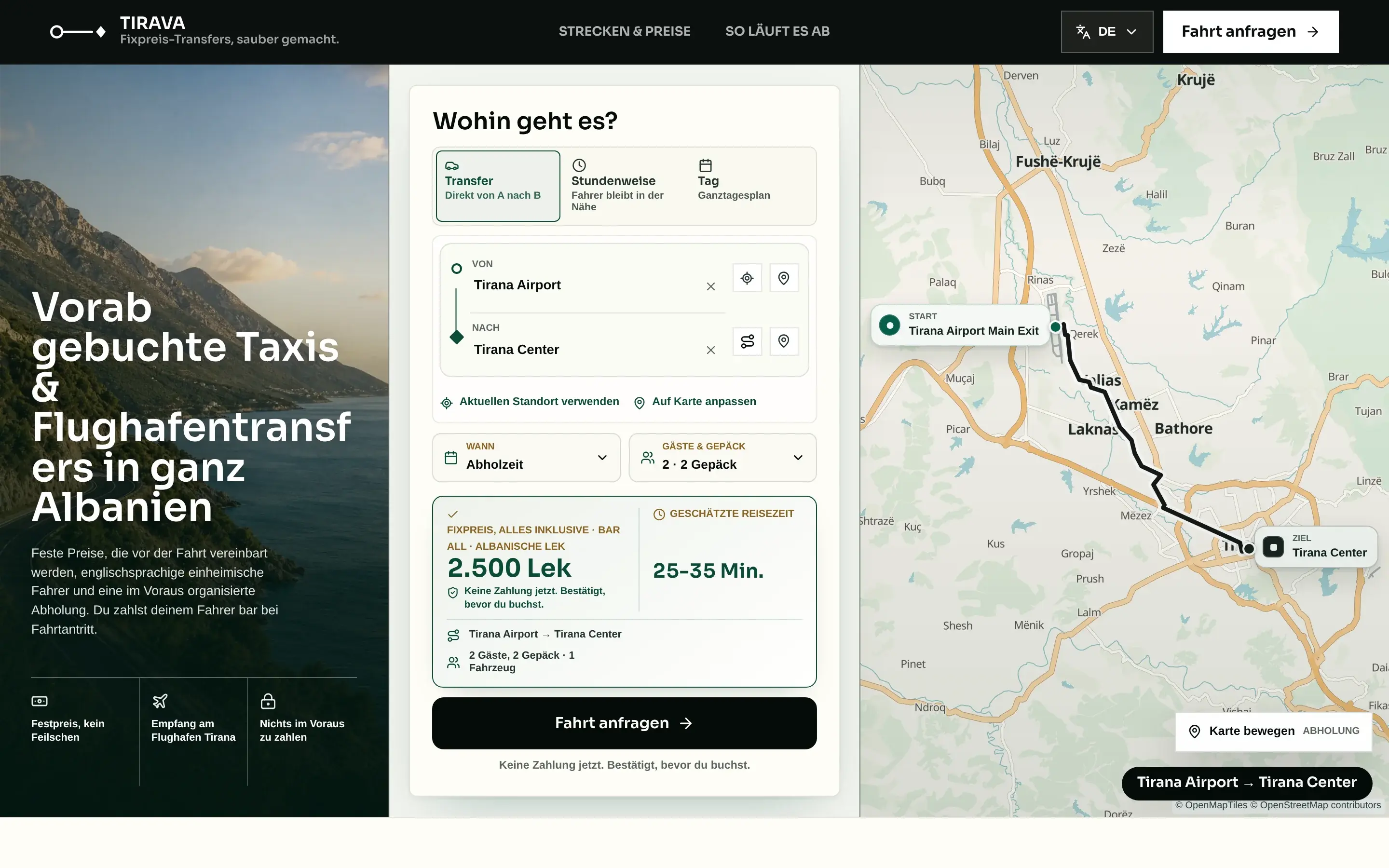 Tirava: Fahrtplanung mit Festpreis und Routenkarte