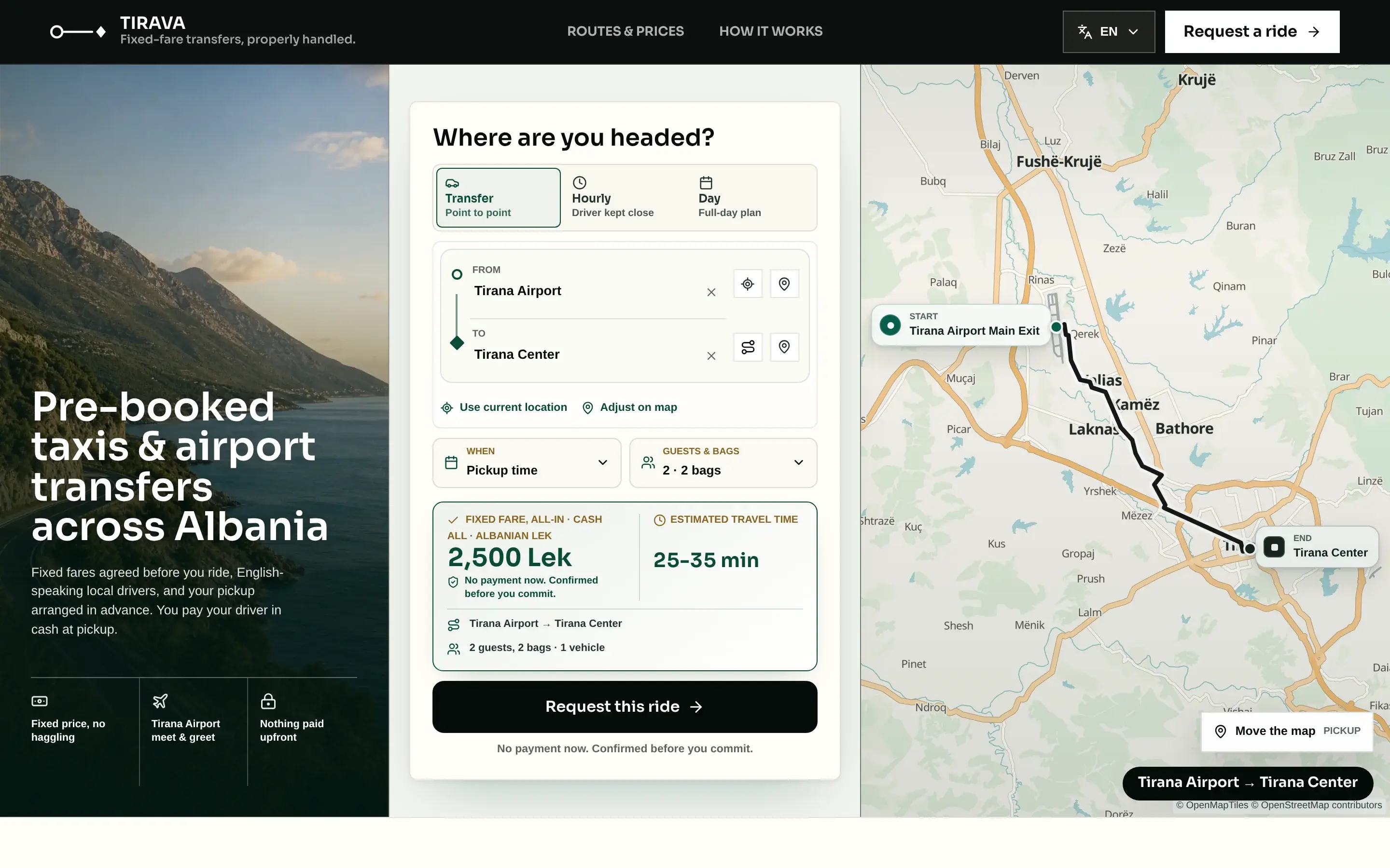 Tirava ride planner with fixed fare and route map